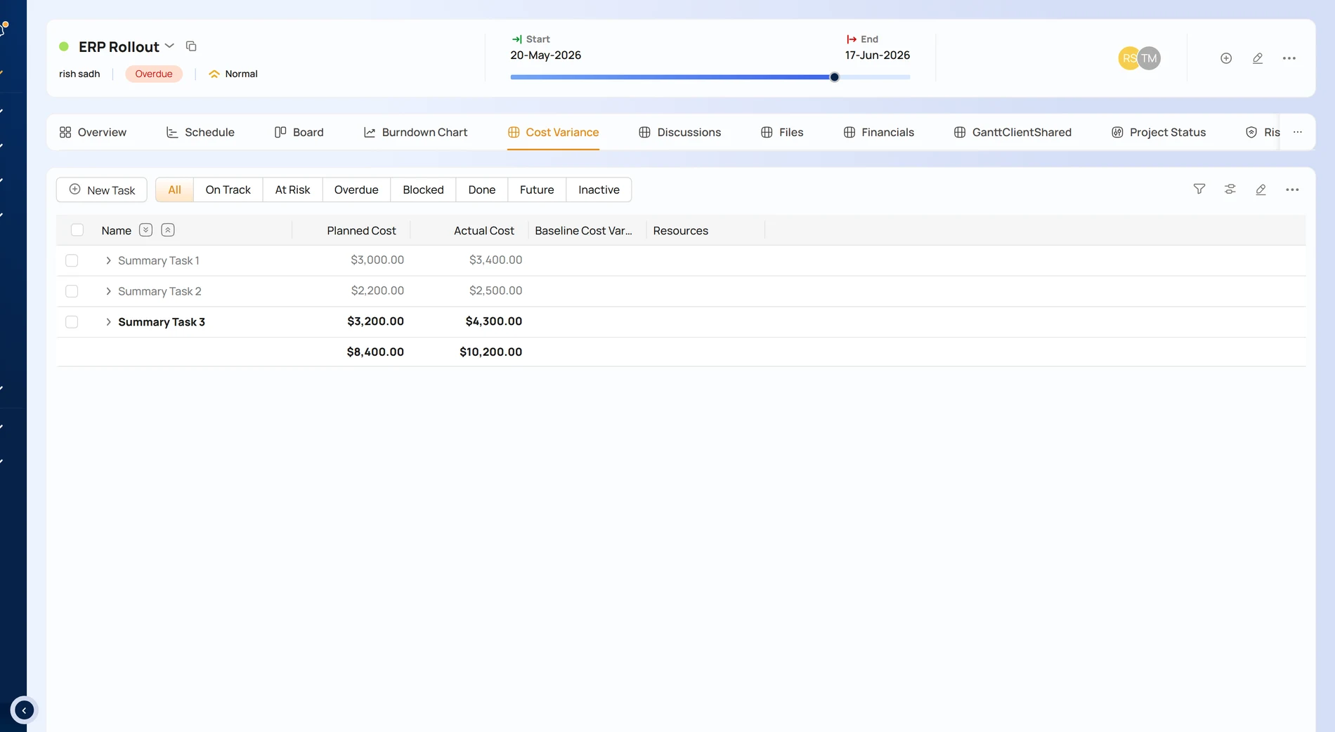 Project financials: cost variance, budget vs actuals.