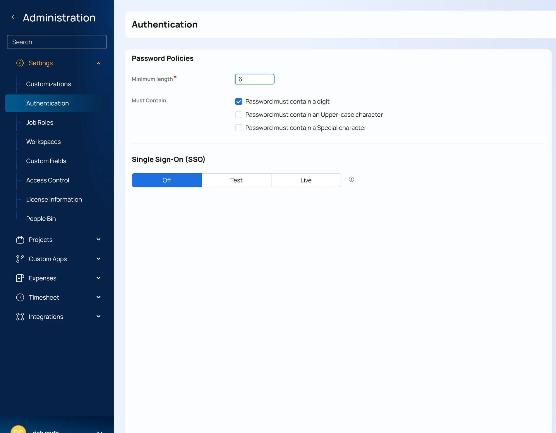 Celoxis administration: authentication, password policies, single sign-on, access control, and job roles.